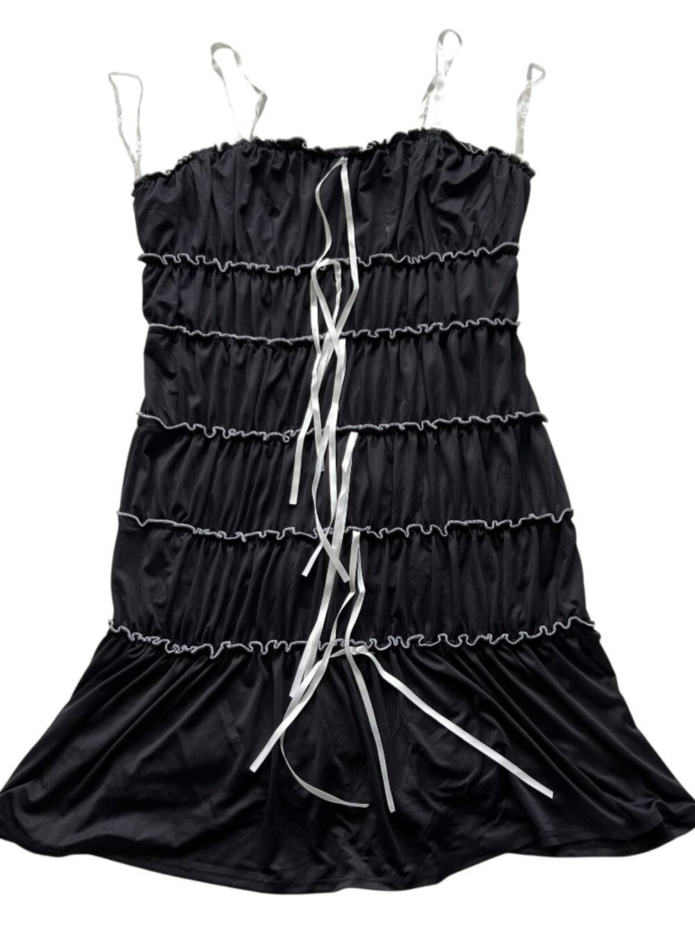 Madden Girl dress tiered mini Large black white contrast trim ruffle bows short